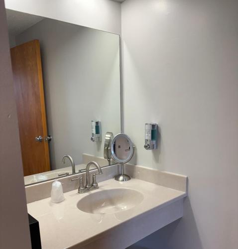 a bathroom with a sink and a large mirror at The Northeastland Hotel in Presque Isle