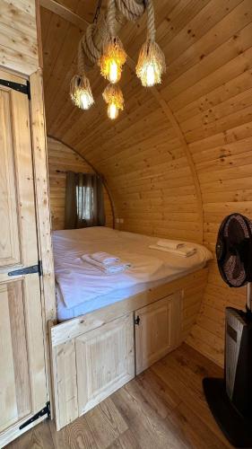 a bed in a wooden cabin with lights at Bungalows Tea Žabljak in Žabljak