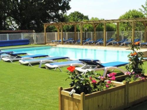 ein Swimmingpool mit Liegestühlen und Blumen im Gras in der Unterkunft Mobil home confortable 6 personnes à Limeuil - API-1-52-281 in Limeuil
