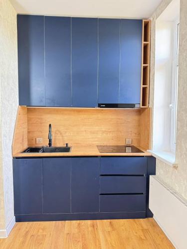 a kitchen with blue cabinets and a sink at Cozy year-round cottage near UB with additional pick-up service from the Airport in Dzuunmod