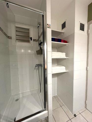 a shower in a bathroom with a glass shower stall at Ti Paradis 1 in Les Trois-Îlets