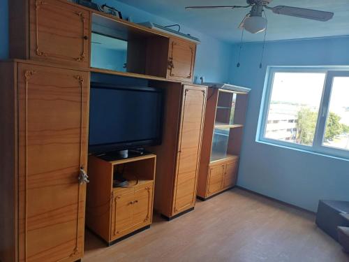 un soggiorno con centro di intrattenimento e TV a schermo piatto di Apartament Flacara a Arad