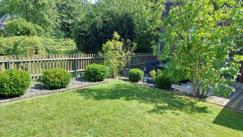 a backyard with a fence and a yard with grass and bushes at Kaiserpfalzquartier in Goslar