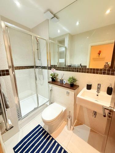 a bathroom with a toilet and a shower and a sink at Chiswick Guest Rooms in London