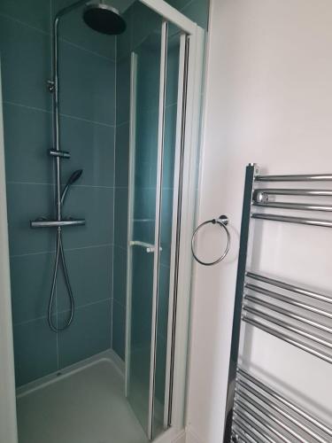 a shower with a glass door in a bathroom at The Trout Inn in Wansford