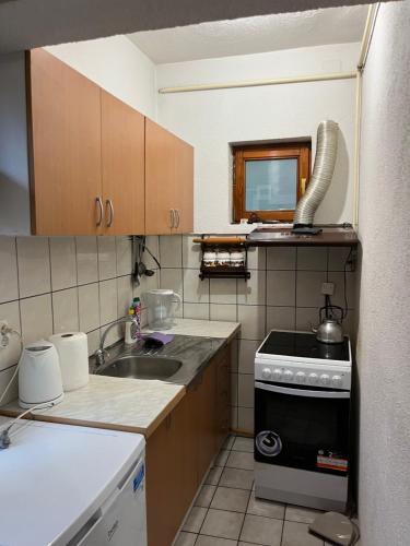 Kuca za najam na Mahmutovcu في سراييفو: مطبخ صغير مع حوض وموقد