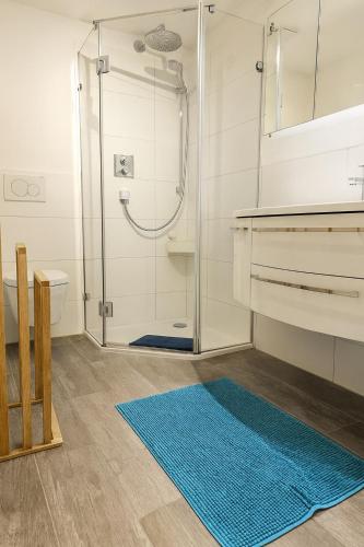 a bathroom with a shower and a blue rug at Im Guggenbühl in Überlingen