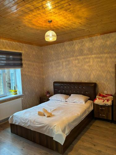 sypialnia z dużym łóżkiem i drewnianym sufitem w obiekcie Villa Vip w mieście Qəbələ