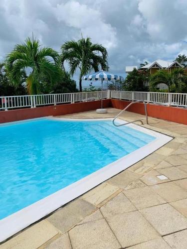 a large blue swimming pool next to a fence at Ti iguane in La Trinité