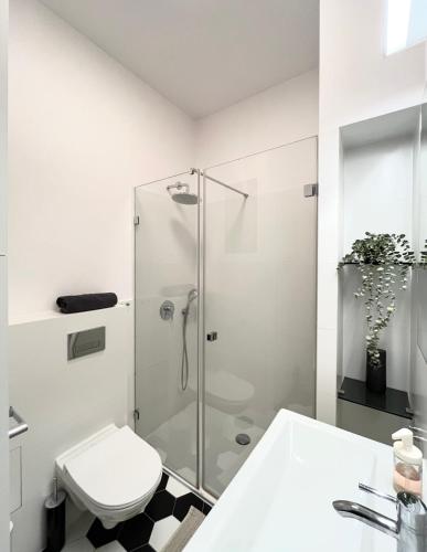 a white bathroom with a shower and a toilet at Apartament VIS a VIS Koziołków in Poznań