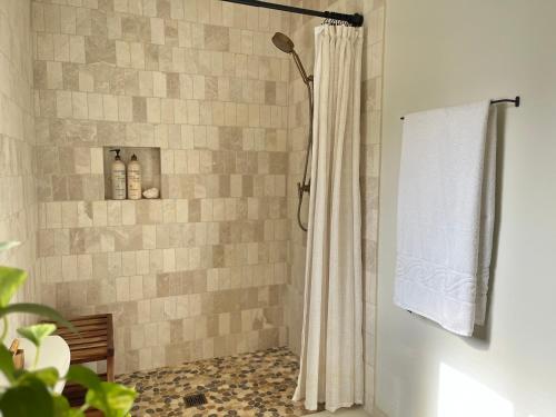 a shower with a shower curtain in a bathroom at La Casa de Tutti in Decatur