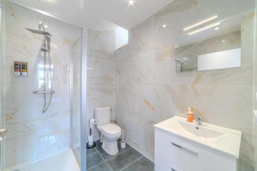 un bagno con wc, doccia e lavandino di Iris Parking & Clim - Roanne centre-ville a Roanne