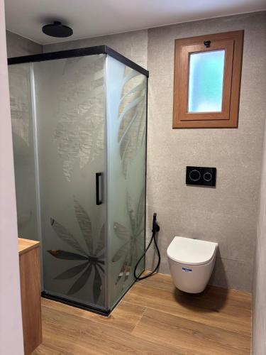 a bathroom with a shower and a toilet at House with ocean and mountain views in Santa Susanna