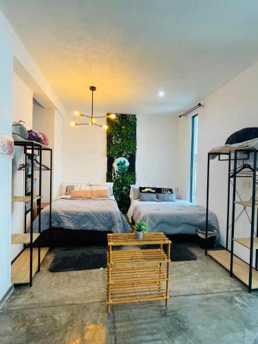 a room with two beds and a couple of beds at Loft Industrial Petfriendly in Tlaxcala de Xicohténcatl