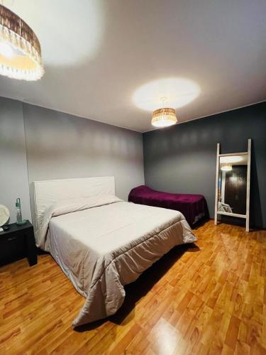 a bedroom with a white bed and a mirror at Carlos Paz Hostel Lodge in Villa Carlos Paz