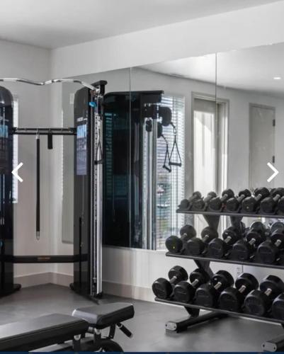 a gym with a rack of dumbbells and a mirror at Beehive Escape -Salt Lake City in Salt Lake City