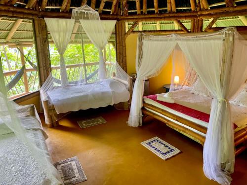 a bedroom with two beds in a room with windows at Minca Ecohabs Hotel in Minca