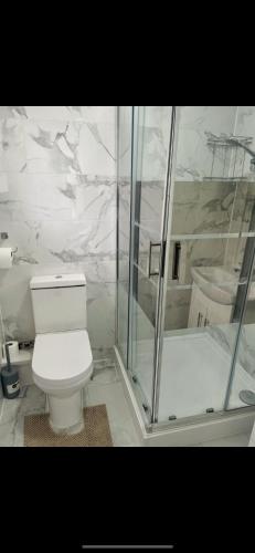 a white bathroom with a toilet and a shower at London En-Suites in Hendon
