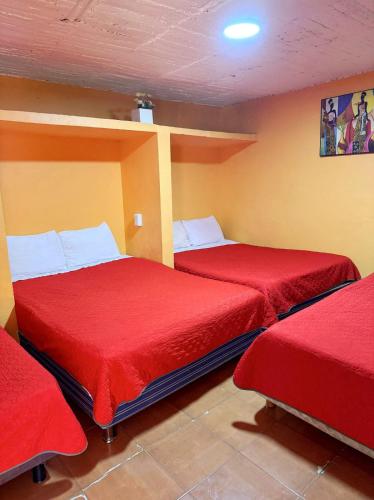two beds in a room with red sheets at Alo México in Mexico City