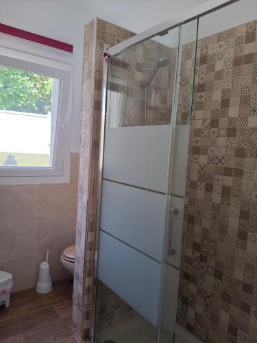 a bathroom with a glass shower with a toilet at casa abuelo bacallado in Las Lagunas