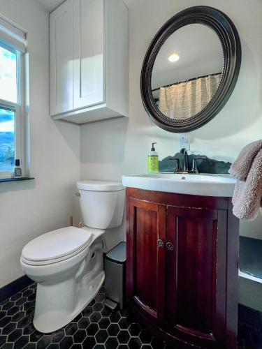 a bathroom with a toilet and a sink and a mirror at Frontier Farmhouse-sauna &ht in Port Angeles