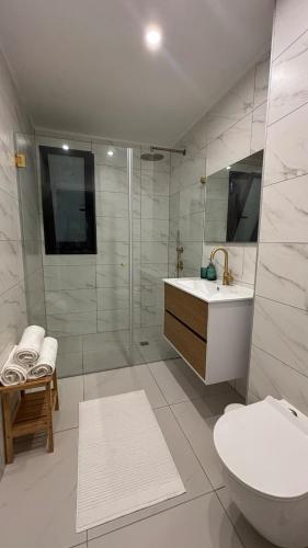 a bathroom with a shower and a toilet and a sink at Blue Bay in Netanya