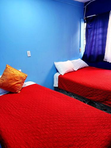 two beds in a room with red and blue at Alo México in Mexico City