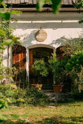 a front door of a house with potted plants at Hallstatt-Haus Elfriede in Hallstatt
