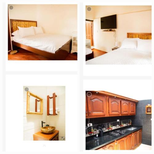 two pictures of a room with two beds and a bathroom at Quinta Villa Stella in Villa de Leyva