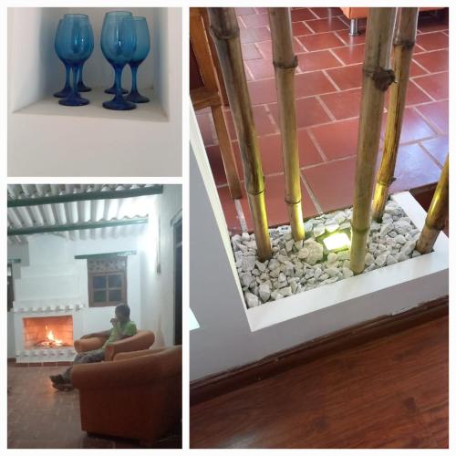 two pictures of a living room with a fireplace and a blue vase at Quinta Villa Stella in Villa de Leyva
