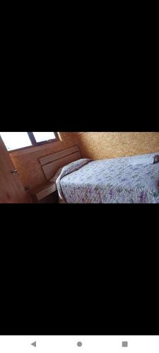 two pictures of a bedroom with a bed and a window at Cabañas caiquen in La Junta