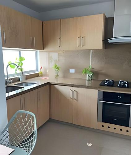 a kitchen with wooden cabinets and a sink at Apartamento Torre Scarlata la riviera in Cúcuta