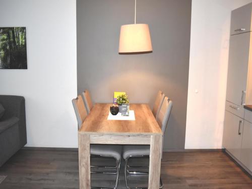 a dining room table with chairs and a light fixture at Appartements mit Blick auf die Spree in Lübben in Lübben