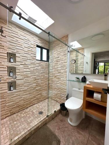 a bathroom with a shower and a toilet and a sink at Casa Madera 2C in Zacatlán