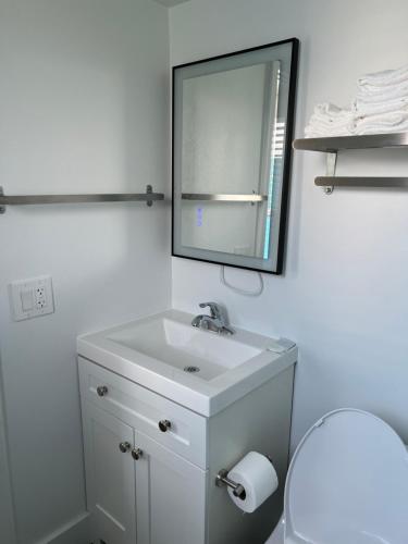 a bathroom with a white sink and a mirror at Bayside Inn and Marina in St Pete Beach
