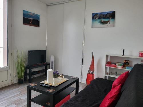 a living room with a couch and a table at Le nid de Basch appartement près de Paris in Thiais