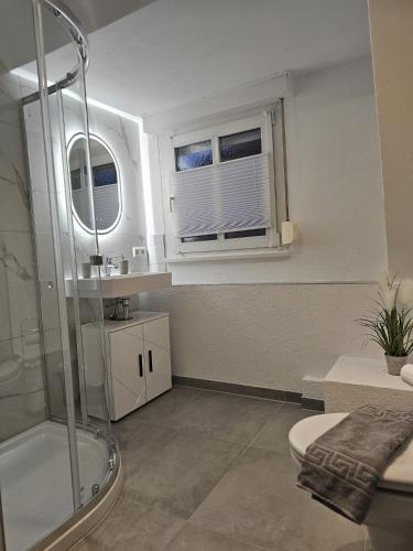 a bathroom with a shower and a toilet and a sink at Sea Berg in Friedrichshafen