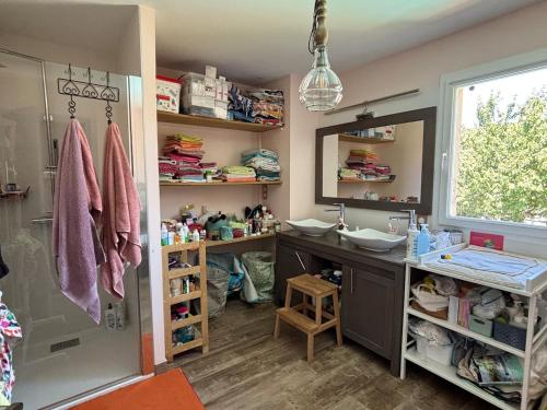 een badkamer met een wastafel, een douche en een spiegel bij Beautiful villa with pool in Provence in Sisteron