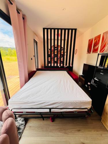 a large bed in a room with a window at La Fleur au cœur de la nature in Rosselange