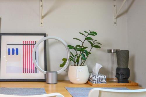 a mirror and a potted plant on a table at Spacious Room with Ensuite Bathroom near Subway, Koreatown & UofT in Toronto