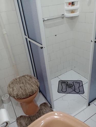 a bathroom with a shower with a toilet and a sink at Cantinho aconchegante in Timbó