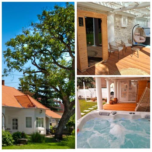 a collage of pictures of a house and a tree at Öreg Malom Apartmanház in Bogács