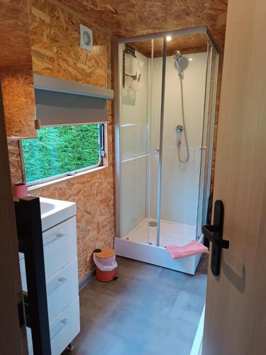a bathroom with a shower in a tiny house at Le Cottage des Hortillonnages in Amiens