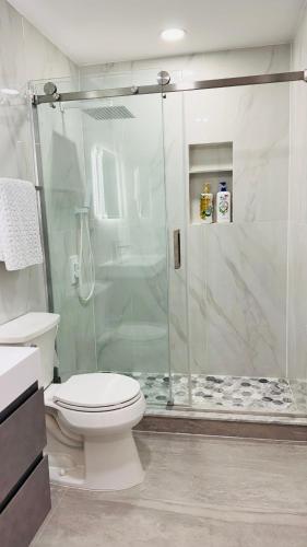 a bathroom with a toilet and a glass shower at Fancy private home 