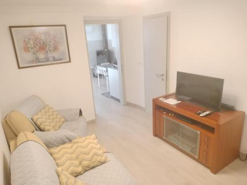 a living room with a couch and a flat screen tv at Casa São Miguel T2 in Serpa