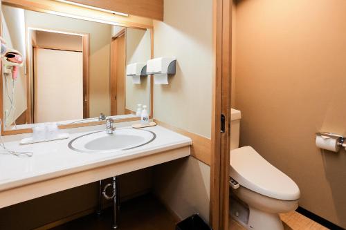 a bathroom with a sink and a toilet and a mirror at Ichinomata Onsen Kanko Hotel in Shimonoseki