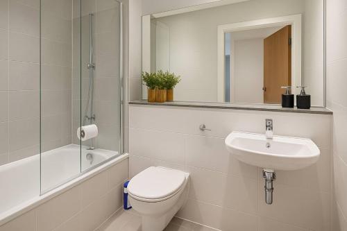 a bathroom with a toilet and a sink and a mirror at Landvue Stays, Modern, 2 bed apartment with free parking! in Coventry