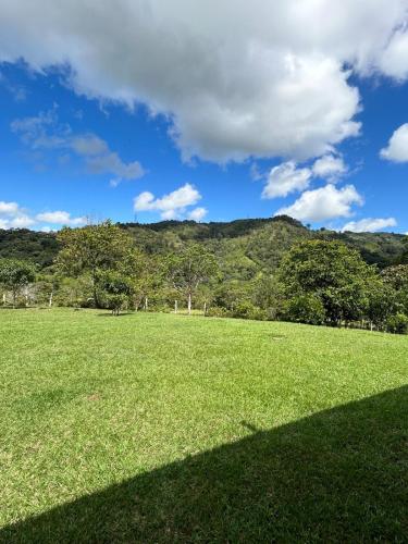 a green field with a mountain in the background at Cabaña en San Rafael Cerca de Ríos y Naturaleza in San Rafael