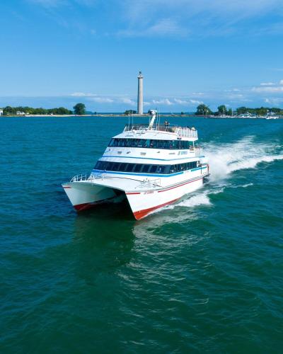a boat in the water on the ocean at Port Clinton Lakeside Escape in Port Clinton