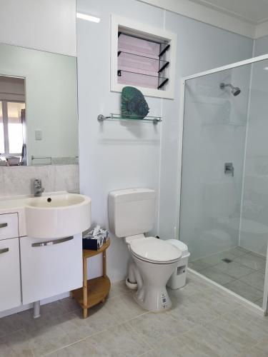 a bathroom with a toilet and a sink and a shower at Ocean Beach Bach Rarotonga in Rarotonga